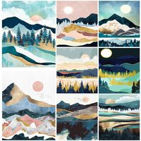 Peinture Diamant 5D Ronde Abstraite Coucher de Soleil Montagne Paysage Kits de Broderie Diamant pour Adultes Décoration Murale Artistique Scénique