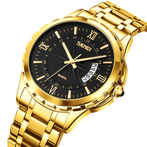 Montre à quartz dorée pour homme SKMEI, montre-bracelet de luxe en acier inoxydable, chiffres romains, affichage de la date, montre étanche - Product Image 3