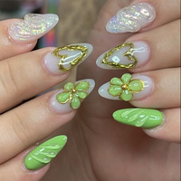 LUMEILA Ongles à presser en acrylique couvrants, thème Océan Rose, 3D Coquillage Étoile de mer Fleur Goutte d'eau Amande, avec colle, finition brillante, nude nacré