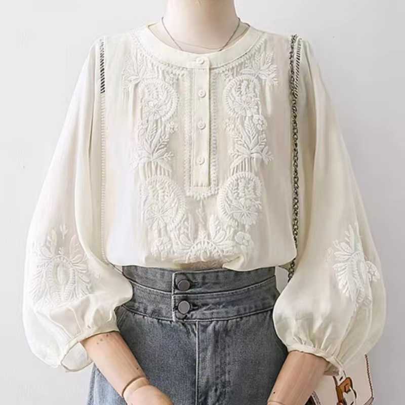 iroiro 群青 Cotton&Linen KOREAN Blouse Mzkdieey Women's Floral Embroidered Cotton Linen Retro