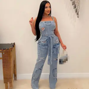 Unique Fashion Casual Sexy Summer Jumpsuit Sleeveless One Piece Ripped Pocket Denim Jeans Jumpsuit Woman Lady Jumpsuit For Women