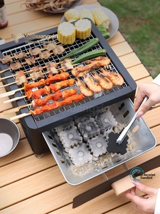 <b>Outdoor</b> Charcoal Stove With Teapot Portable Camping <b>BBQ</b> Grill Stainless Steel Folding <b>Table</b> Use - Product Image 5