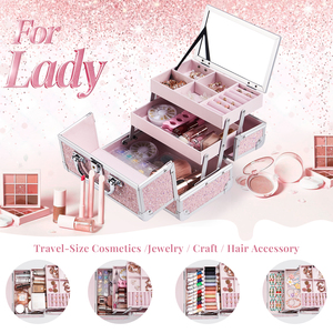 Portable <b>Makeup</b> Organizer <b>Case</b> with Mirror and Jewelry Tray Portable Cosmetic Train <b>Case</b> Storage Box for Women Girls - Product Image 3