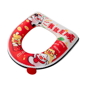 Cute Cartoon Red Festive Toilet Seat Cover Plush Warm With Handle For Home Use Autumn Winter - Product Image 1