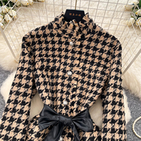 Robe trapèze vintage à manches longues et ceinture, motif pied-de-poule français, pour femme, idéale pour le bureau en automne