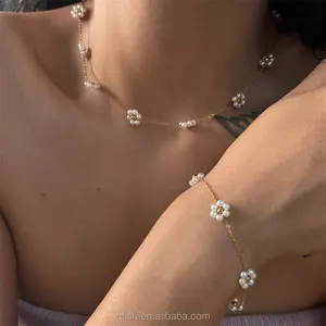Trendy Cute Flower Stainless Steel Necklace Bracelet Anklet Belly Chain Pearl Jewelry Set For Girls