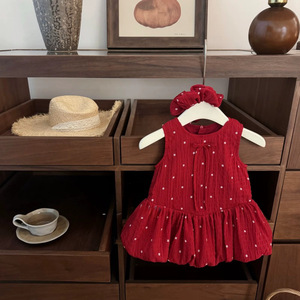 Nuovi Vestiti per Bambine 2026, Super Dolce <span class=keywords><strong>Abito</strong></span> Principessa <span class=keywords><strong>Rosso</strong></span> con Piccoli Fiori, Versatile e Traspirante - Product Image 1