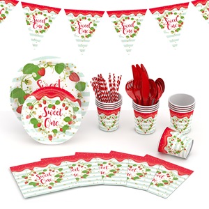 Plato de papel para fiesta de cumpleaños con temática de <span class=keywords><strong>fresa</strong></span>, vaso de papel, pastel de frutas de verano para niños, decoración, juego de cubiertos de revelación de género - Product Image 5