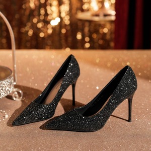 6681-23 Glitter <b>Black</b> <b>Pumps</b> Pointed Toe Stiletto Heel Super High Formal Shoes Party Wedding Dressy Wear - Product Image 1