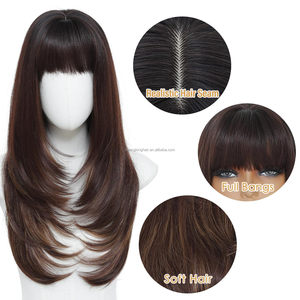 JAMBALAYA Pelucas Largas y Lisas al por Mayor con <span class=keywords><strong>Flequillo</strong></span>, Color Marrón con Reflejos Rubios, Peluca Sintética Resistente al Calor, Cabello <span class=keywords><strong>Postizo</strong></span> - Product Image 3