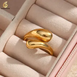 Mode Sieraden Eenvoudige Water Proof Curve Heldere Open Vinger Ring Vrouwen 18K Verguld Roestvrij Staal Platte Top Gouden Ring