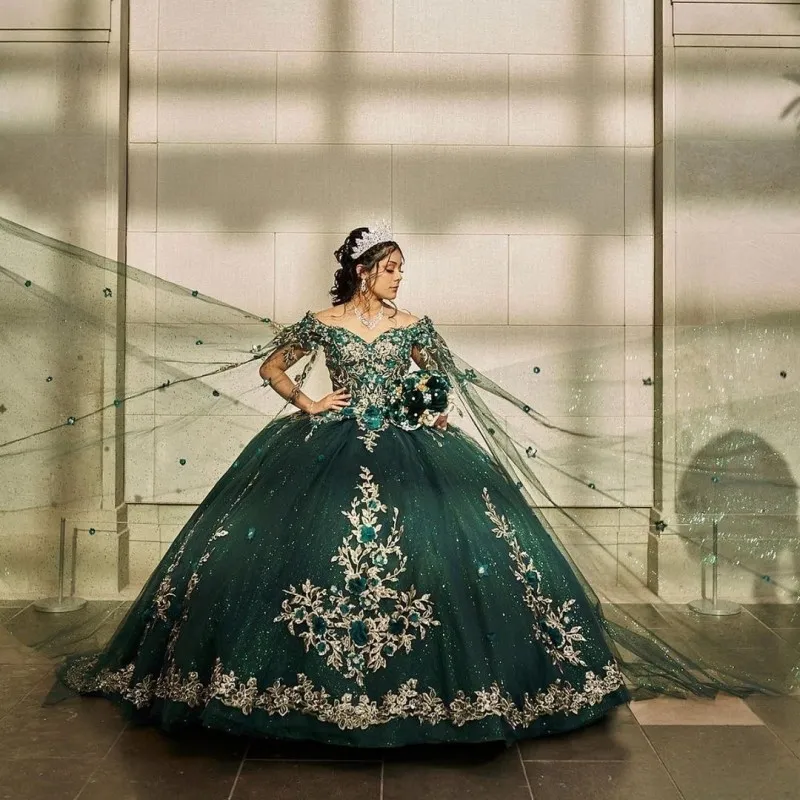 emerald green princess dress Off Shoulder Green Ball Gown Beaded Princess Dress Beautiful Pageant D –  SELINADRESS main image 1