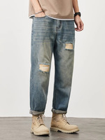 Jeans en denim déchiré à jambe large style rétro hip-hop OEM, taille mi-haute, en polyester, pour hommes, coupe ample
