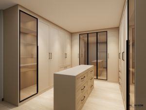 Modern Wardrobe Gray Glass Walkin Closet <strong>LED</strong> Strip Aluminium Closet System Wooden Board Storage Luxury Storage With Island - Product Image 5