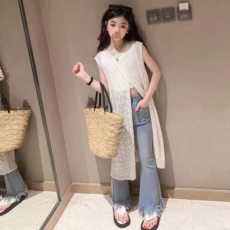 2023 Sommer Casual Baby Teenage Girls Kleidung Gestrickt Hohl weste Rock Camisole Jeans 3 Pcs Outfits Baby Kleidung Mädchen