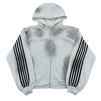 Sweat-shirt à capuche zippé pour homme, OEM, haute qualité, grammage lourd, à rayures contrastées sur les manches, avec motif graphique effet délavé par peinture pulvérisée personnalisée et épaules tombantes