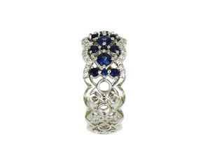 18K White Gold Sapphire Cluster & Diamond Pave Wide Band Ring With Filigree Cutout Luxury Statement Jewelry <b>For</b> <b>Women</b> - Product Image 3