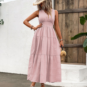 Popular europeo y americano 2024 nuevo verano de las mujeres con cuello en V elegante sólido sin mangas vestido grande Swing - Product Image 2