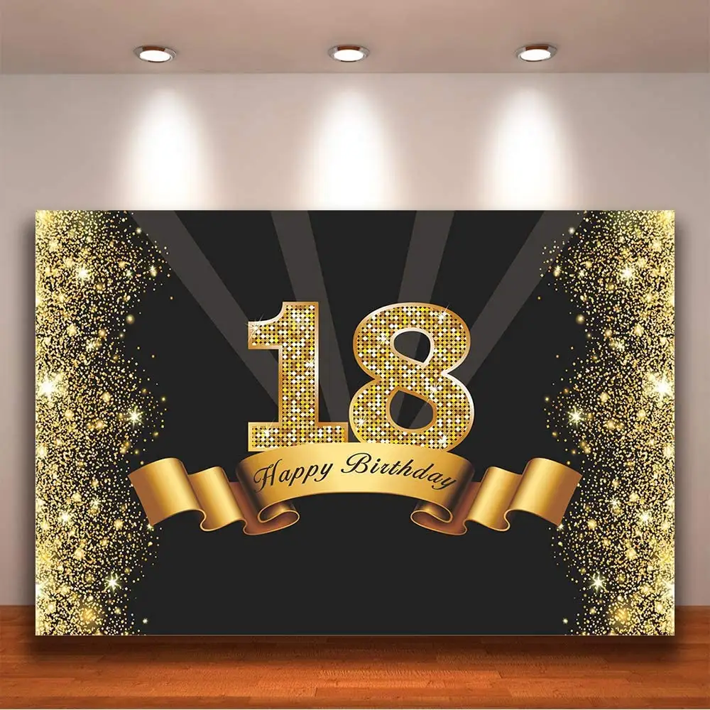 Happy Birthday Party Backdrop Banner, Large Fabric Washable Glitter Sign Poster Background for 18th