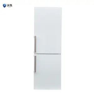 Freezer superior e refrigerador inferior de duas portas com alça branca e tela interna para evitar que as crianças pressionem