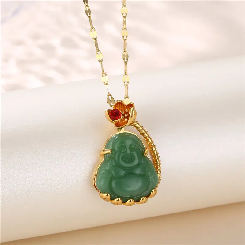 Mode Groene Jade Boeddha Hanger Sieraden Rvs Ketting Lotus Bloem Grote Buik Maitreya Boeddha Ketting Voor Vrouwen Mannen