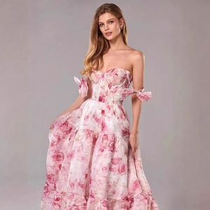 Vestido de Noche de Organza con Estampado Floral y Hombros Descubiertos, Cintura Imperio, Capa Transparente, Vestido Largo, Moda Femenina - Product Image 2