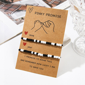 Pinky Promise <b>Bracelet</b> Set Black White Beads <b>Couple</b> <b>Matching</b> Jewelry Anniversary Gift Unisex Adjustable - Product Image 1