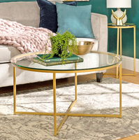Table basse ronde en verre avec cadre doré, design populaire, prix bas, meubles de salon