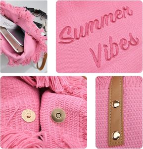 กระเป๋าโท้ทชายหาดสีชมพูปักลายโลโก้แบบกำหนดเอง ขนาดใหญ่จุของได้เยอะ สายสะพายไหล่ผ้าแคนวาส สายหนัง กระเป๋าถือสำหรับผู้หญิง - Product Image 3