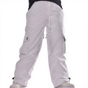 Pantalon cargo blanc 100% polyester, coupe ample, taille réglable avec cordon de serrage, poches zippées, ourlet ajustable, coupe décontractée, imperméable - Product Image 1