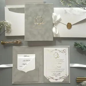 Envelope acrílico para casamento, carteiro de casamento de veludo cinza exclusivo, envelope de bolso para festa quinceanera