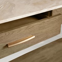 Table console en bois massif chêne avec plateau en marbre naturel aux coins arrondis doux et double tiroir