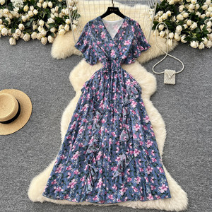 Cruz francesa cuello en V manga corta cintura volante floral mujeres verano vestidos elegantes - Product Image 3