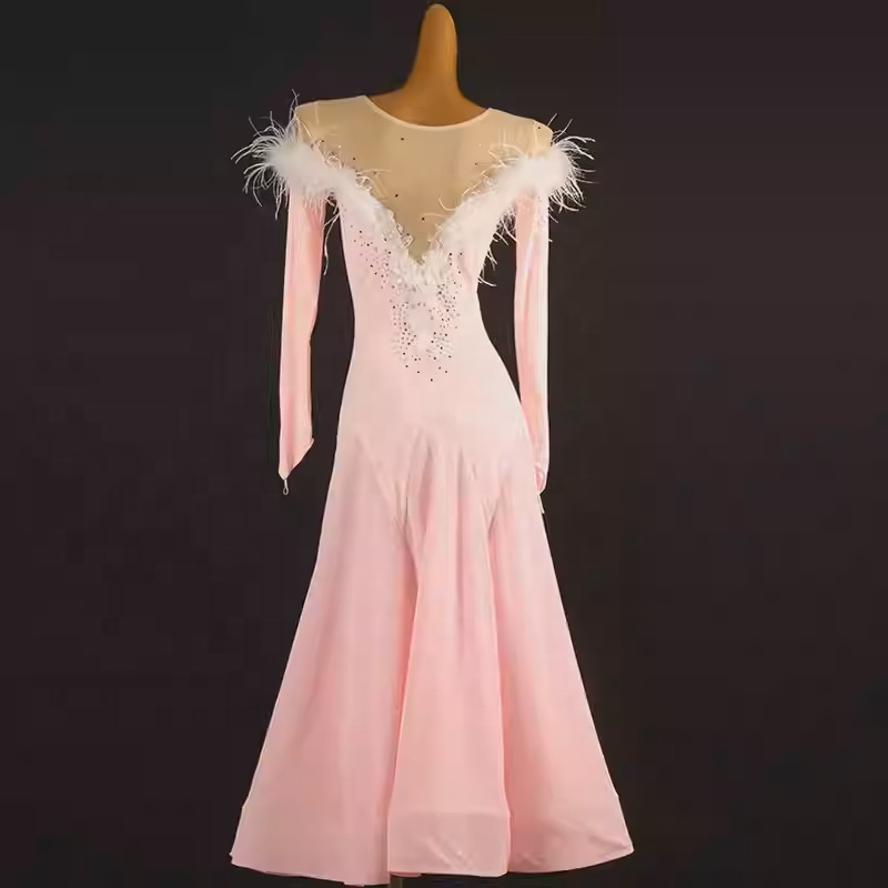 women's light pink latin dress Latin-Rhythm | along with a draping off of the left shoulder with hand beading and three delicate straps on the left shoulder Hot Pink Latin-Rhythm Dress on