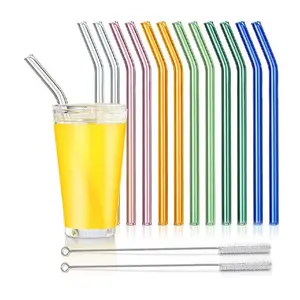 Top Seller Custom Logo Buntes farbiges Trinken Wieder verwendbares gebogenes Stroh mit hohem Boro silikat glas und Reinigungs bürste