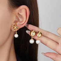 Anting-anting baja tahan karat anti air custom grosir, berlapis emas 18k, anting-anting mutiara halus model tetesan, anting-anting bintang laut untuk wanita dan remaja putri