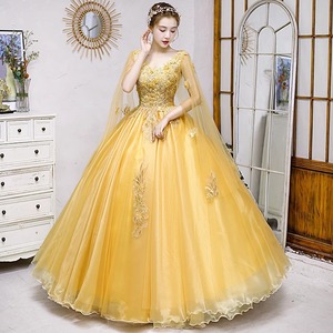 Yellow V-neck Empire Waist Floral Print Evening Gown Women Long Formal Dress For Performance And Events - Product Image 2