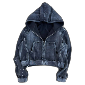 Sudadera con capucha extragrande de algodón 100% con pedrería y lavado ácido para hombre, con cremallera y estampado personalizado, estilo boxy y efecto desgastado. - Product Image 1