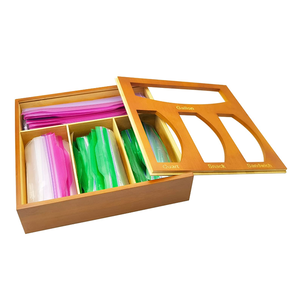 Hot sale compatible bamboo kitchen drawer organizer plastic ziplock bag dispenser with silding cover