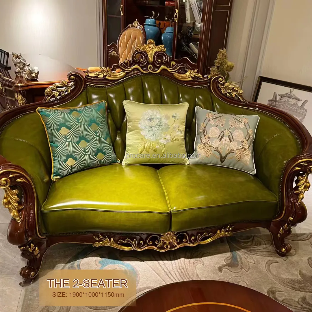 Sofa kulit mahkota gaya Eropa Royal pabrik grosir Sofa ruang tamu antik furnitur rumah klasik