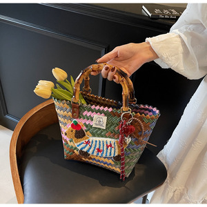 Handmade Dệt Phụ Nữ Mùa Hè Xử Lý Tote Túi Biểu Tượng Tùy Chỉnh Thêu Con Chó Mô Hình Mây Mua Sắm Kỳ Nghỉ Túi Xách Rơm Bãi Biển Túi - Product Image 3