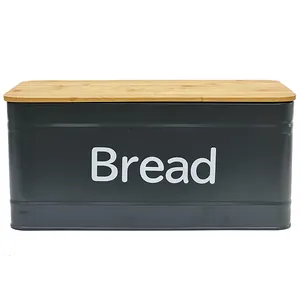 Black Color Metal Kitchen Bread Box Storage Jar Canister Set Of 4 With Bamboo Lid