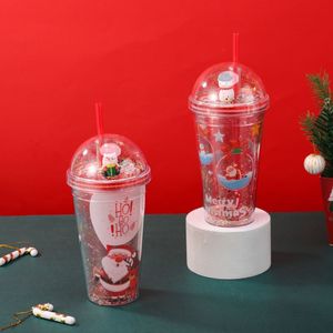 450ml Classic Winter Christmas Santa Themed Double Wall <b>Plastic</b> Tumbler with <b>Straw</b> Silver Glitter Dome Lid Multiple Cartoon - Product Image 2