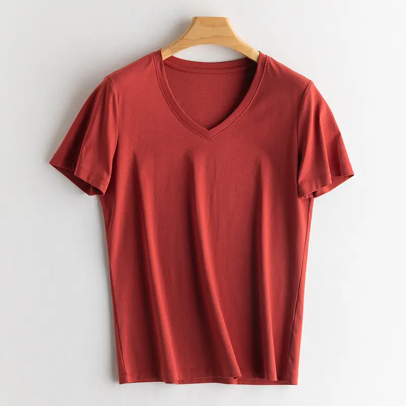 새로운 업그레이드 여성용 여름 실크 모달 솔리드 셔츠 포함 특대 머서라이즈 코튼 V/O 넥 다용도 티셔츠