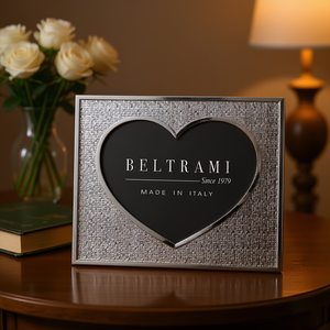 Beltrami Silver Plated Wood Structure Durable Photo <b>Frame</b> with Embossing Printing <b>Large</b> Rectangle Heart Cutout Made in Italy - Product Image 3