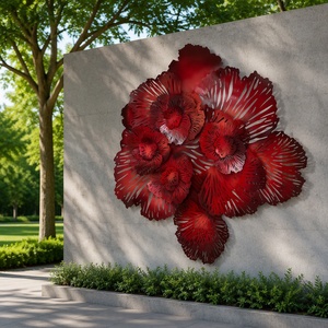 Grande sculpture <span class=keywords><strong>murale</strong></span> en acier inoxydable rouge en forme de fleur, art floral découpé au laser 3D, sculpture métallique personnalisée pour la décoration du hall d'hôtel - Product Image 1