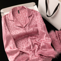 Ensemble de pyjamas personnalisés HUOYOUNG, 2 pièces, pyjamas en plumes pour femmes, pyjamas en satin de soie jacquard à imprimé léopard, ensemble de pyjamas pour femmes