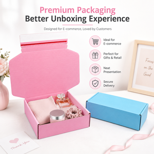 Pink Corrugated Mailer <b>Box</b> Rectangle Shape Recyclable Paperboard <b>Gift</b> Craft Packaging Blue Base Included - Product Image 3