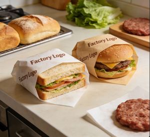 Papier d'emballage alimentaire imprimé sur mesure, recyclable, à prix abordable, résistant à l'huile, pour pizzas, hamburgers et sandwichs - Product Image 1
