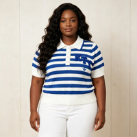 Nouvelle Arrivée Mode Femme Grande Taille Polo en Maille Rayé avec Bord Côtelé Contrastant Style Nautique Preppy Manches Courtes Haut Décontracté en Maille